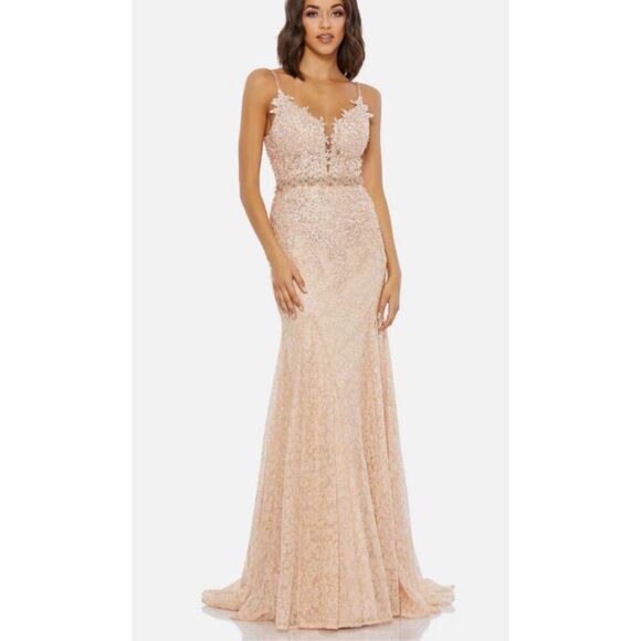 Mac Duggal A79341 Appliqué Sleeveless Plunge Neck Trumpet Blush Gown. Size 2. 17 - Picture 1 of 15
